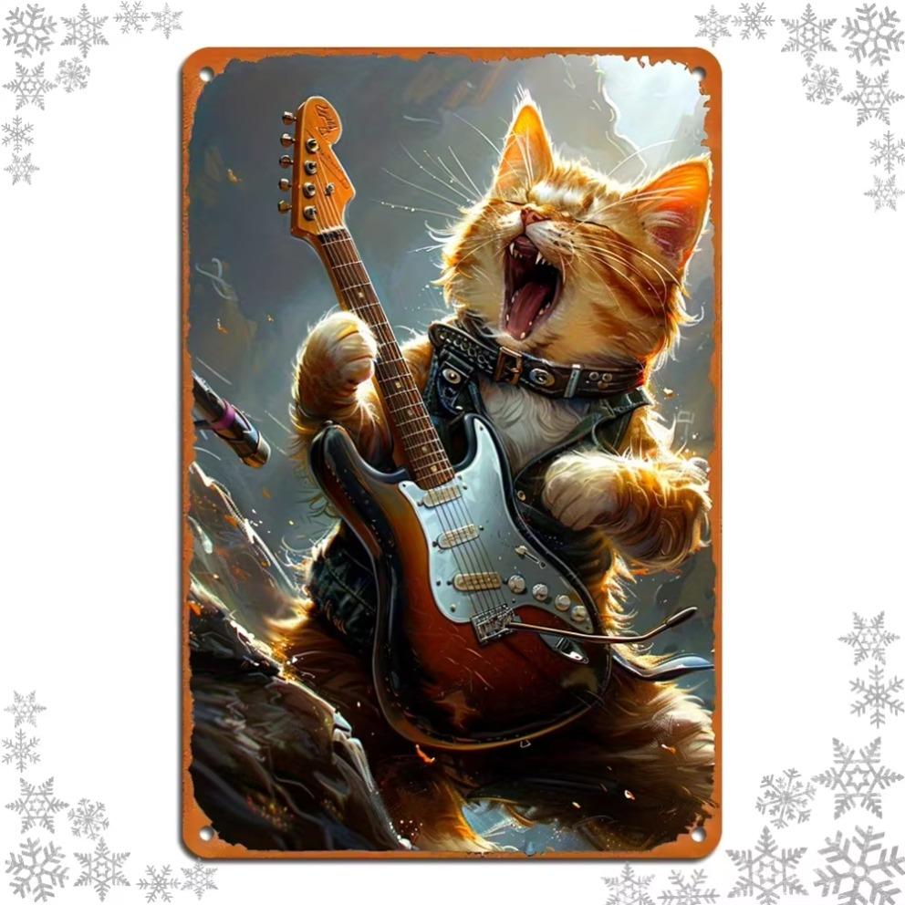 2d  Rock Cat Electric Guitar Wall Art for Music Lovers Home Decor Durable Colorful Metal Plaque Guitar Style Room Accent