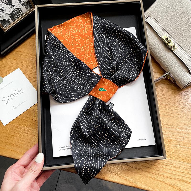 Luxury Spring Summer Ear Silk Scarf Women Striped Print Neckerchief Wrist Towel Korean Style Tie Bag Band Ladies Neck Scarf