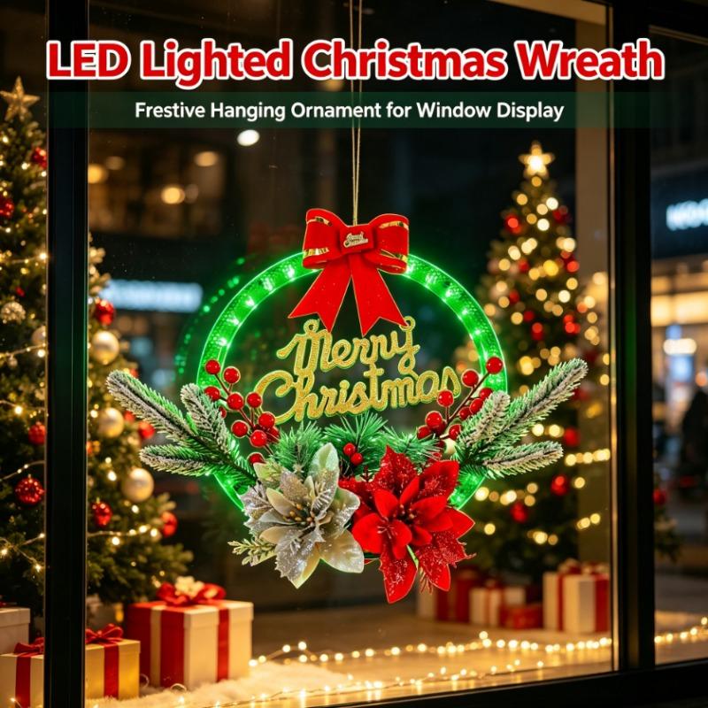 LED Lighted Christmas Wreath Decor, Festive Hanging Ornament for Window Display, Party Atmosphere Decoration Props
