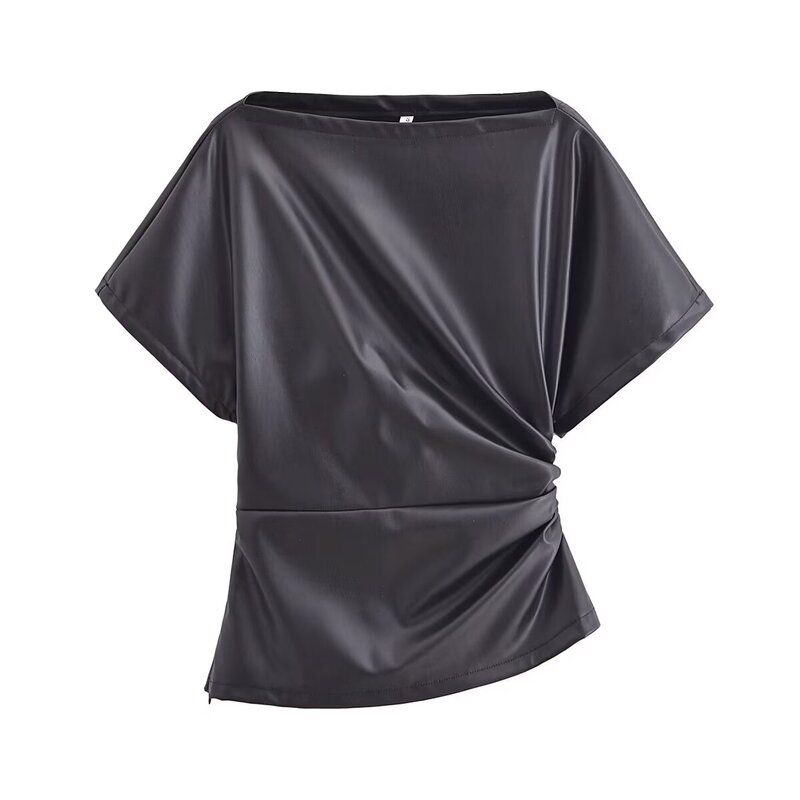 Fashion Style 2024 Spring New Arrival Women's Silm off-Neck Short Sleeve Ruched Decorative Leather Tops 5479322