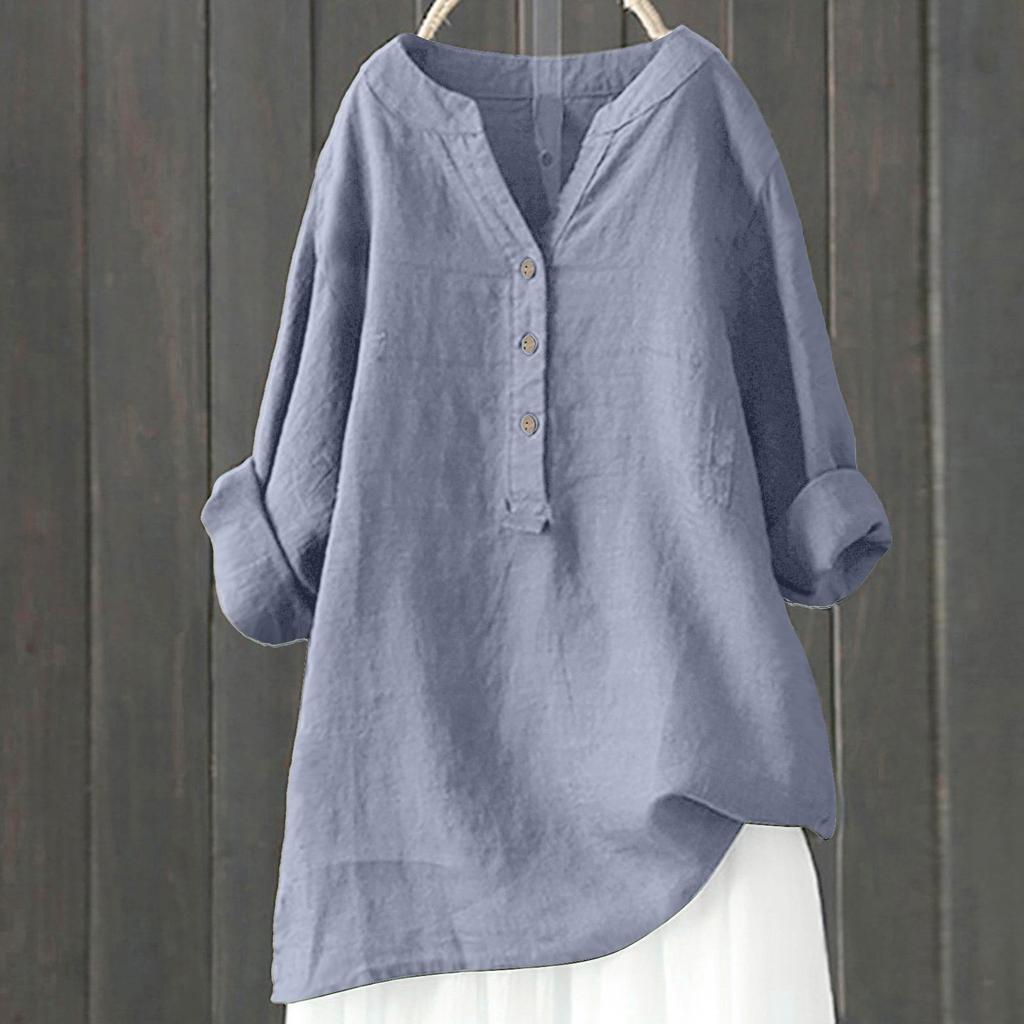 Women Solid Stand Collar Long Sleeve Shirt Casual Loose Blouse Button Down Tops