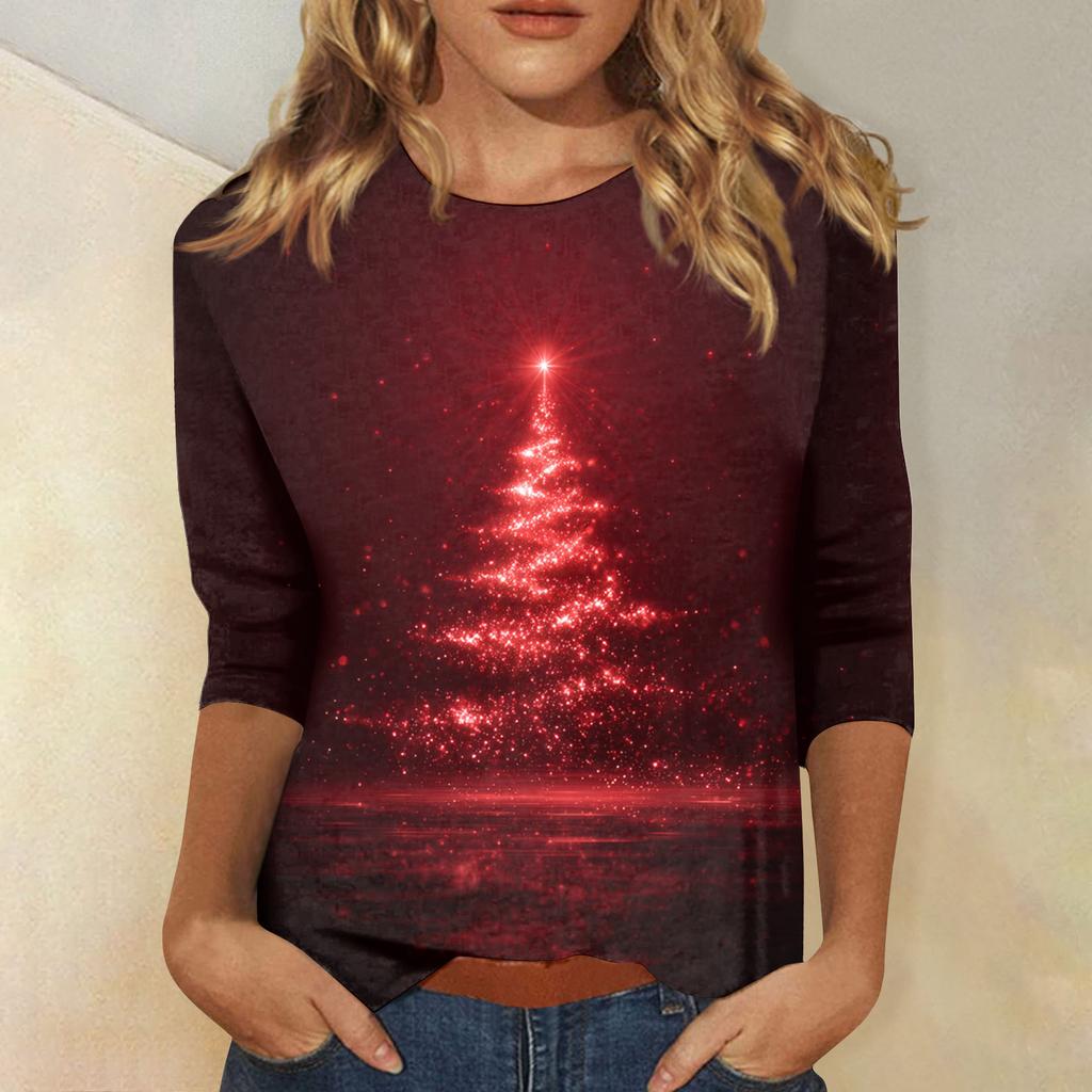 Damebluser Trekvart ermet skjorte V-hals Løs fritidsskjorte Trykk T-skjorte