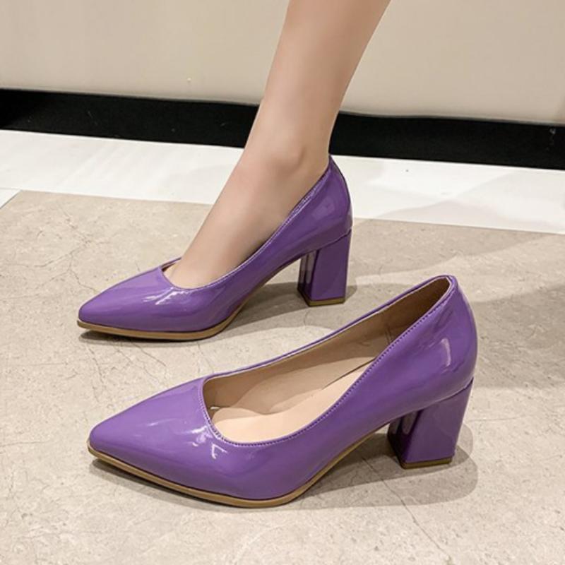 Women's Autumn High Heels Thick Heel Patent Leather Pointed Toe Luxury Leather Shoes