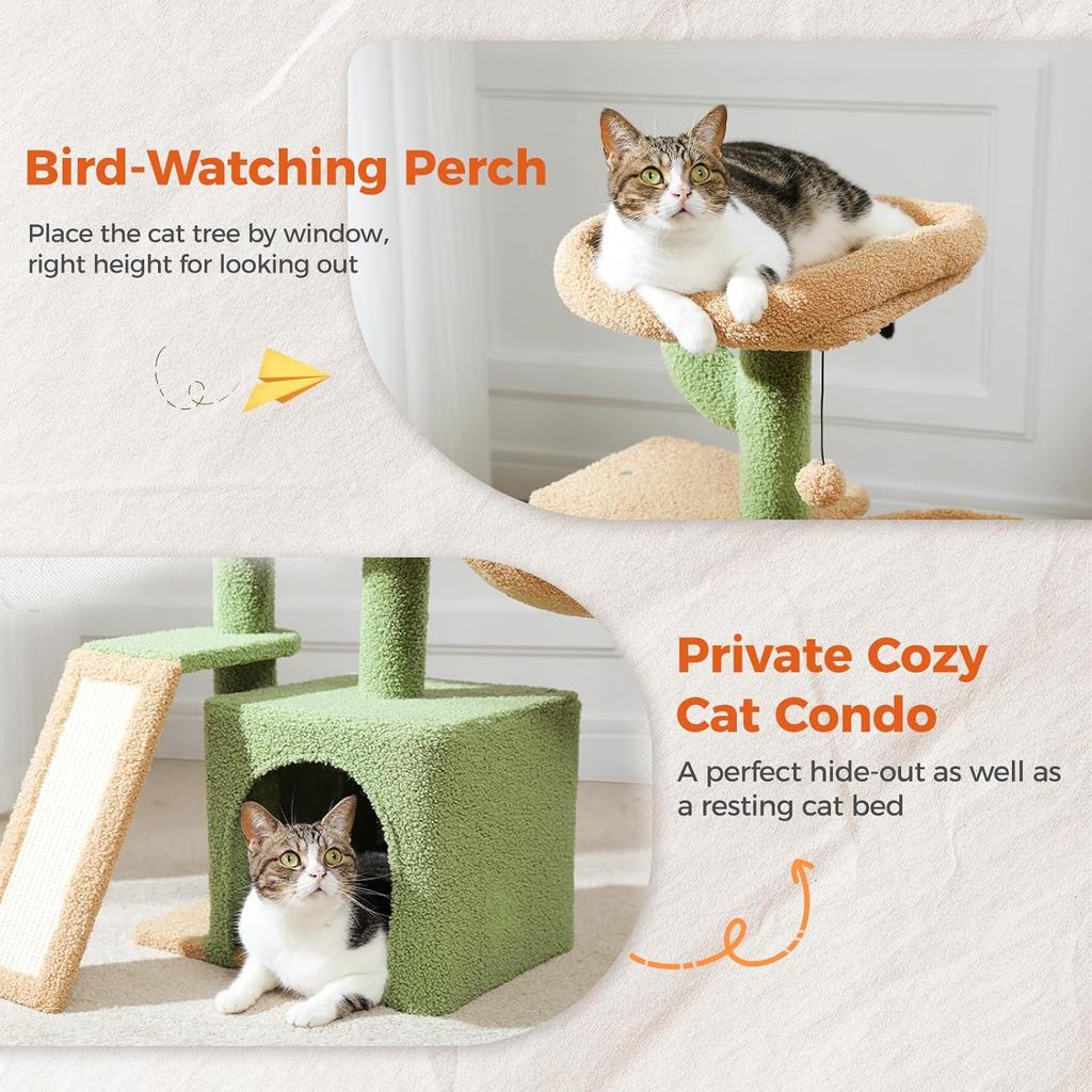 Cactus Cat Tree for Indoor Cats, Sisal Scratching Ramp, Cozy Hammock and Removable Top Bed Perch for Kittens, Green