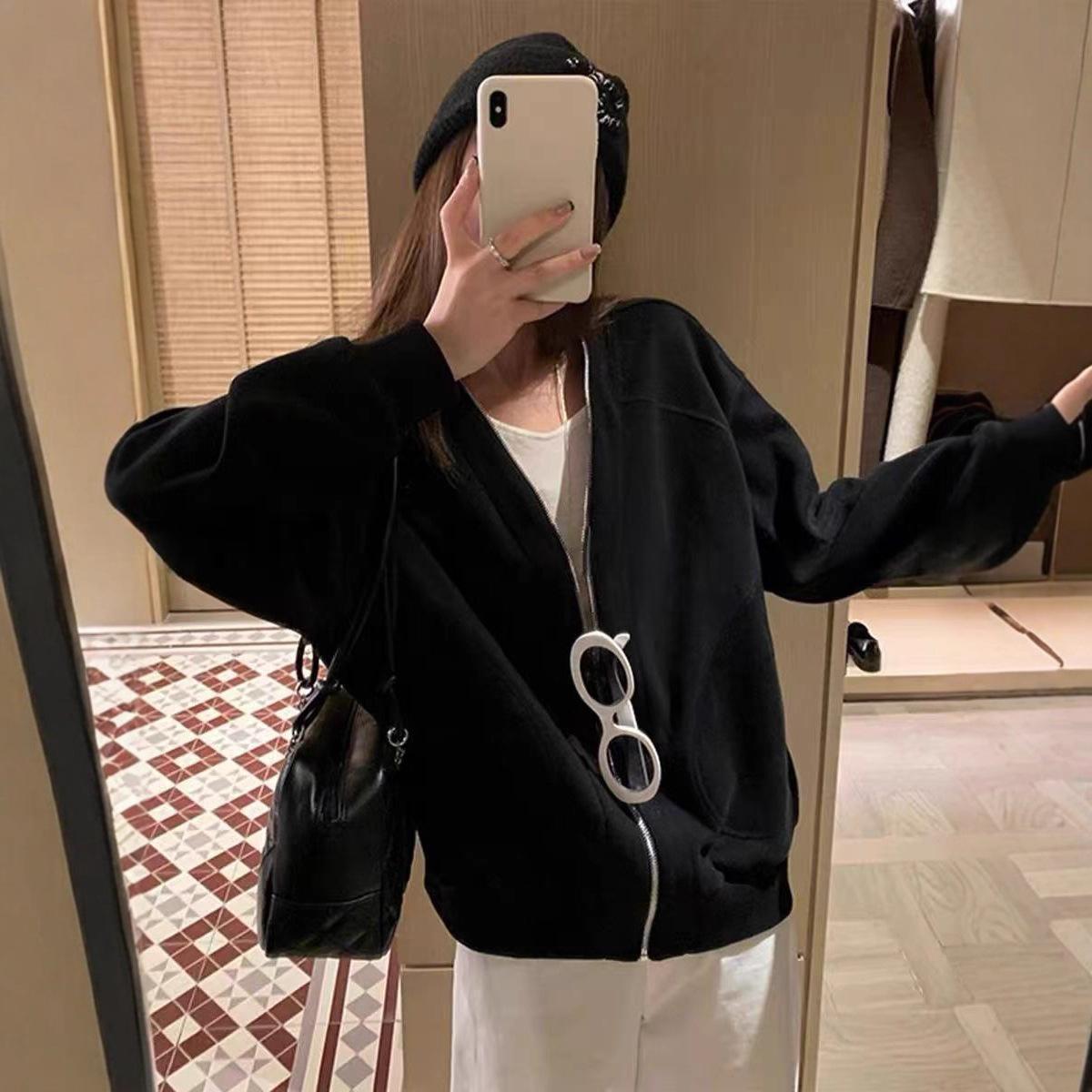 320G 50 cotton 45 polyfiber 5 elastane v-neck zipper gray cardigan sweater jacket loose autumn and winter women XL чёрный