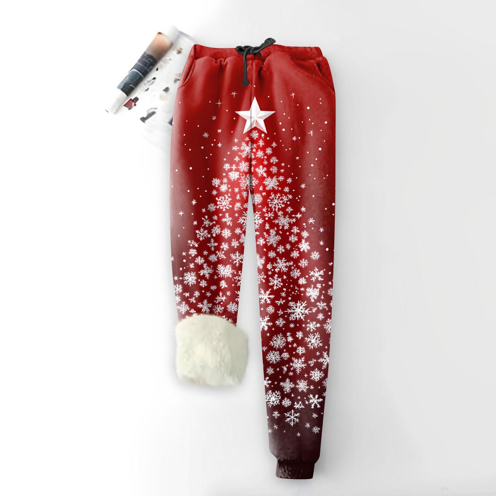 

Женские модные рождественские спортивные свободные утолщенные теплые флисовые брюки с принтом L винный