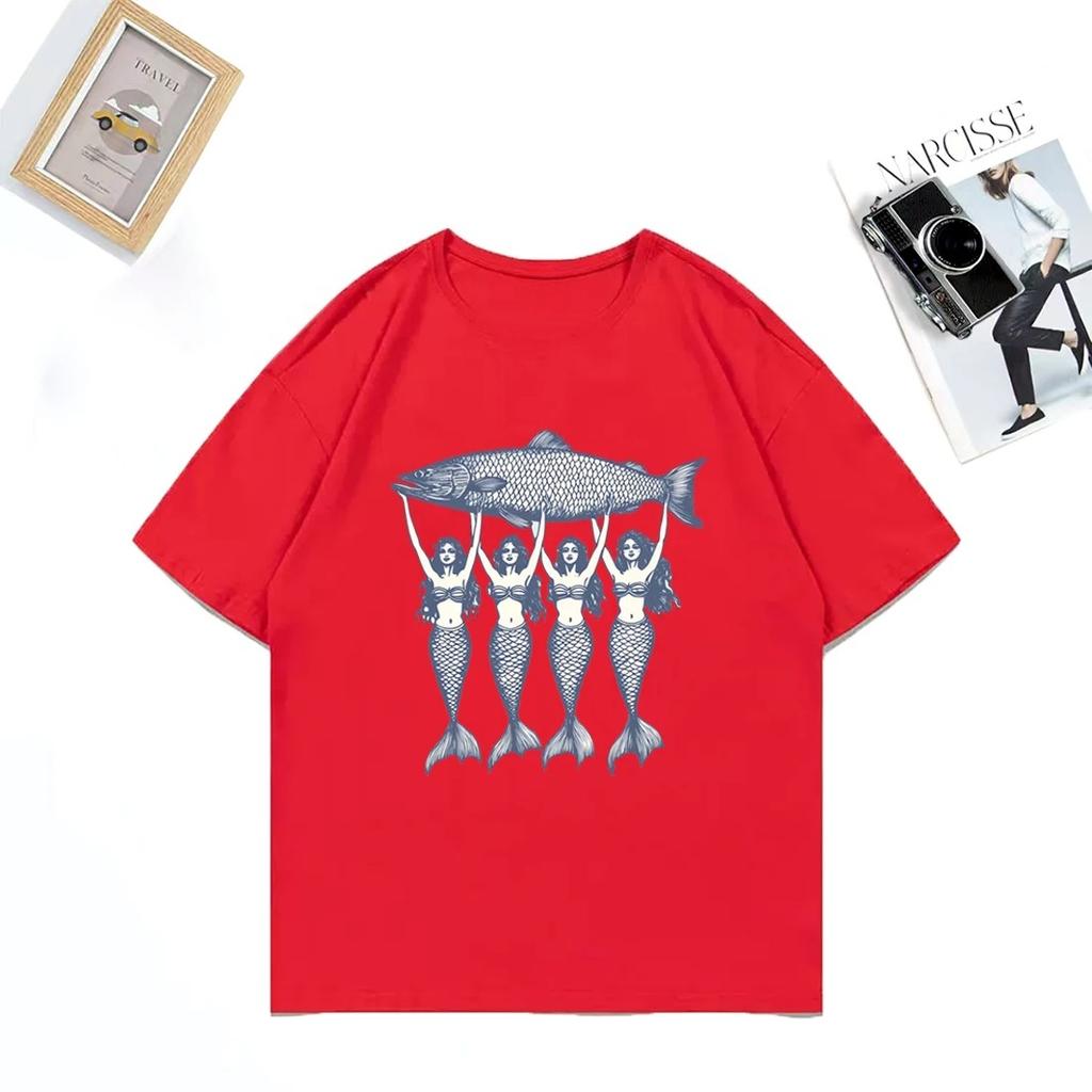 Mermaid Sardine Funny Graphic Printed T-Shirt Woman Top Vintage Fashion Tees Summer Short Sleeve Clothing