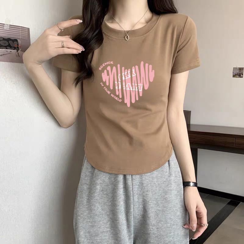 

Light pink slim-fit t-shirt women s summer front shoulder short-sleeved t-shirt 2025 new cotton round neck curved hem top XXL