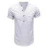 Men's Cross-Border Henley Shirt: European & American Style Cotton Linen Short-Sleeved Solid Color Pocket Shirt