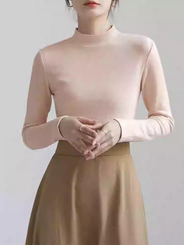 Women's Slim-Fit Stand Collar Long-Sleeve Fleece Base Layer Top - White, Ideal for Autumn and Winter Layering.