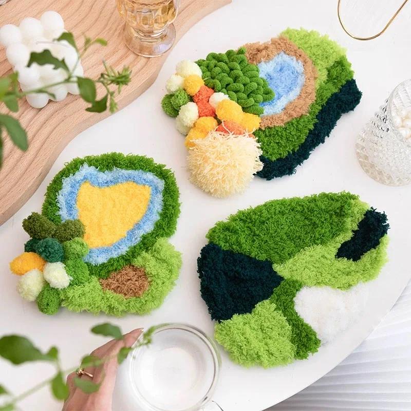 Latch Hook Coaster Kits for Adults Beginners Moss Simple Embroidery DIY Crochet Yarn Rugs Hooking Craft Kit for Gift Home Decor