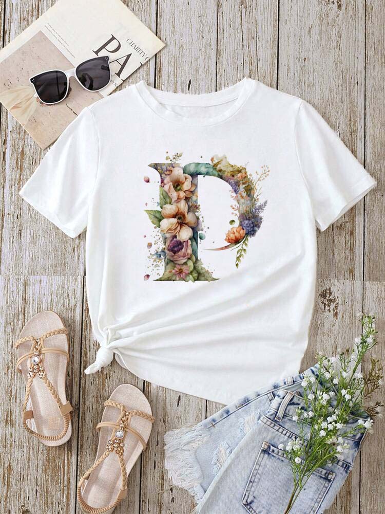 Custom Name Letter Combination Fashion Women T-shirt Floral Letter Font A B C D E F G Short Sleeve Tops White T-shirt