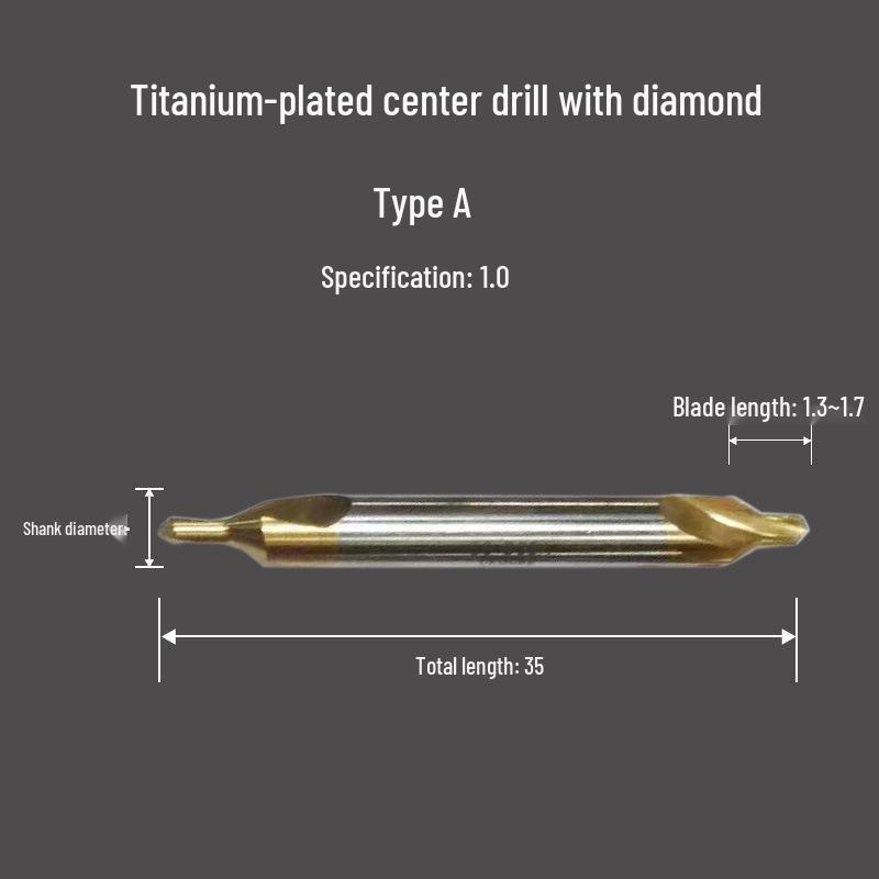 Cobalt-Coated Titanium Spiral Center Drill, Extended High-Speed Steel, Type A & B, Fully Ground Stainless Steel Locating Point
