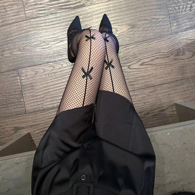 Damen Sexy Netzstrumpfhose Strümpfe Strumpfhose Schleifen Transparent Gothic Party Club Weiß Schwarz Damen Netzsocken Dessous