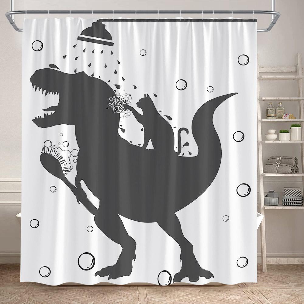 

Funny Bathing Dinosaur Shower Curtains Black Cat Animal Silhouette Kids Bath Curtain Modern Polyester Bathroom Decor With Hooks 90x180cm-35x70in