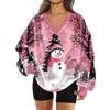 Women's Fashionable V-neck Christmas Printed Long Sleeved Casual Pullover Plush Warm Sweatshirt Top