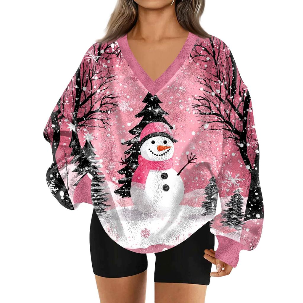 Women's Fashionable V-neck Christmas Printed Long Sleeved Casual Pullover Plush Warm Sweatshirt Top