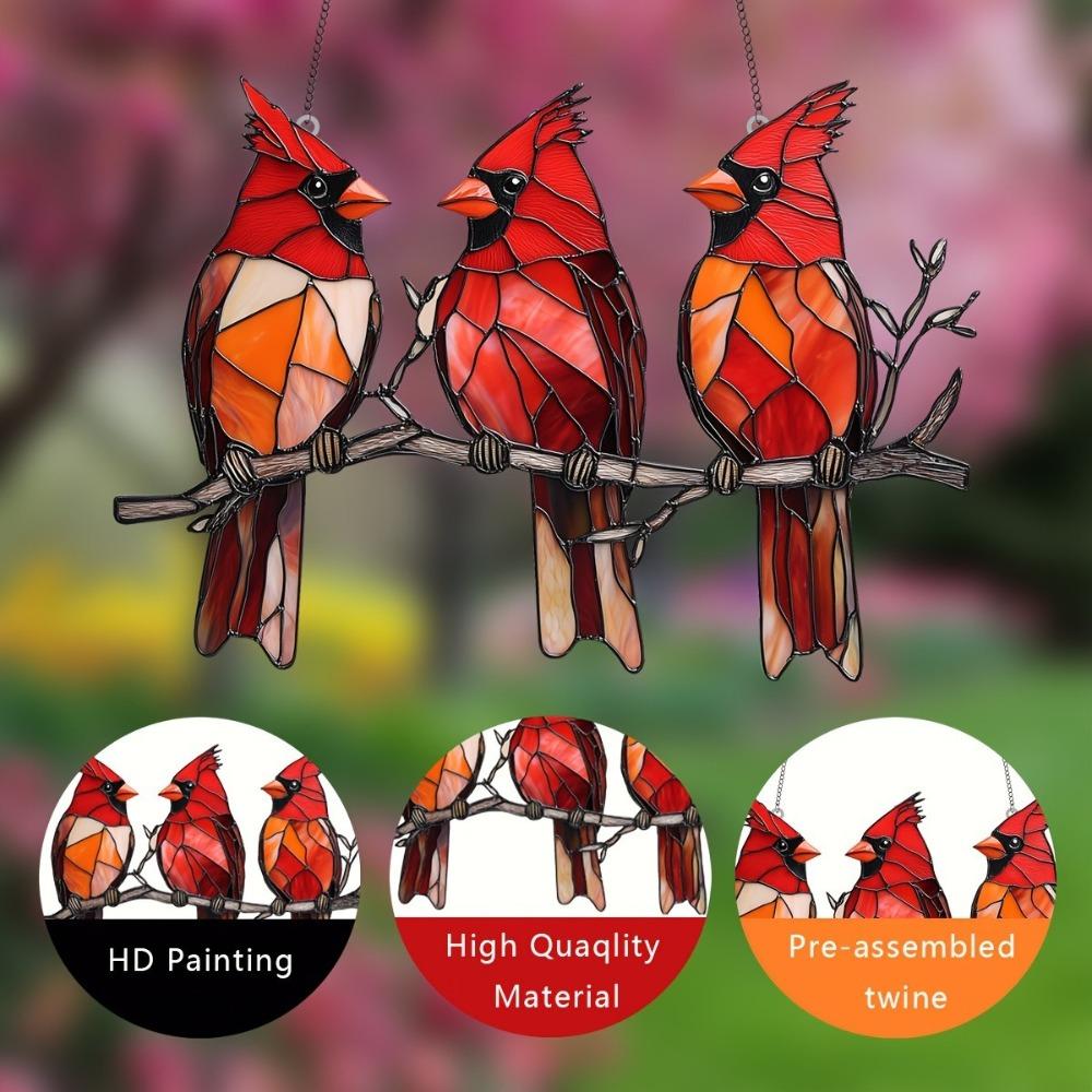 Red Bird Floral Wreath Window Hanging 7.9inch Pendant Decoration Garden Accessories