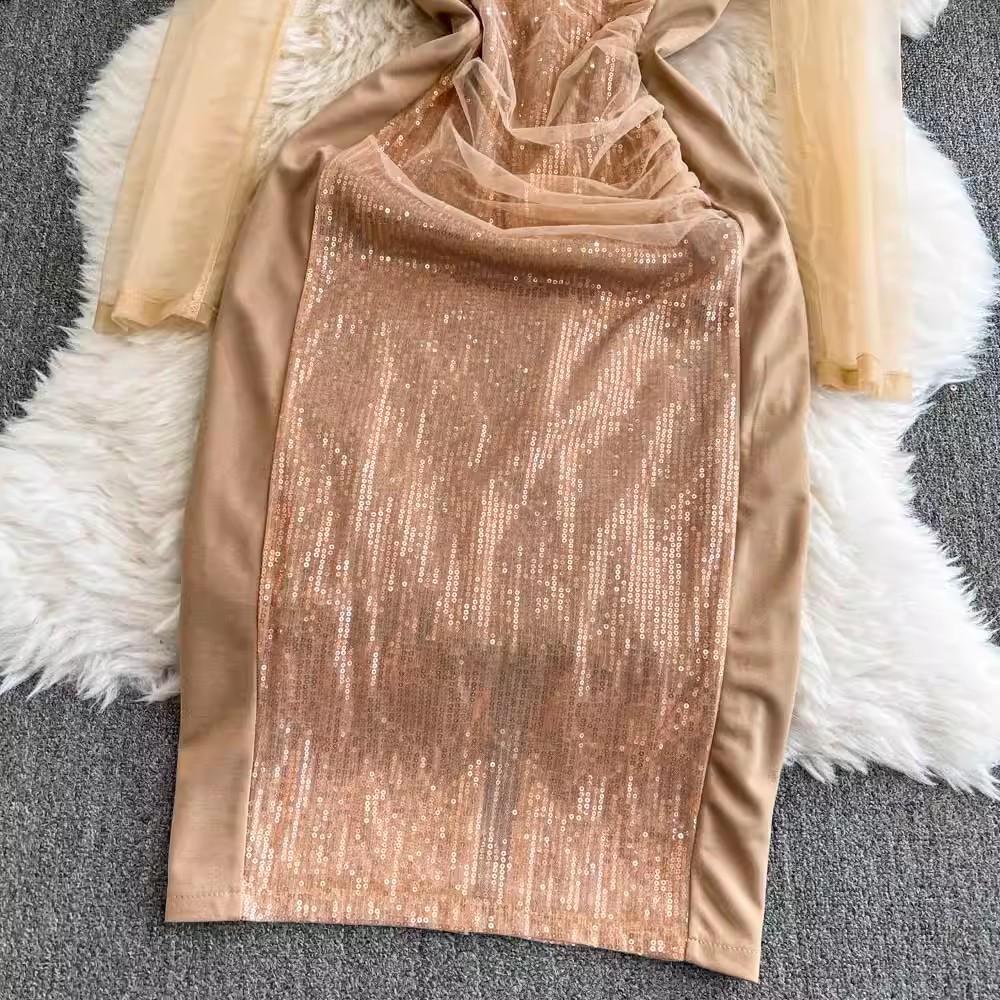 2025 neue Frühjahr Sommer Frauen High-End-Party Mode O Neck Shiny Diamanten Langarm Schlank Lange Party Casual Kleider