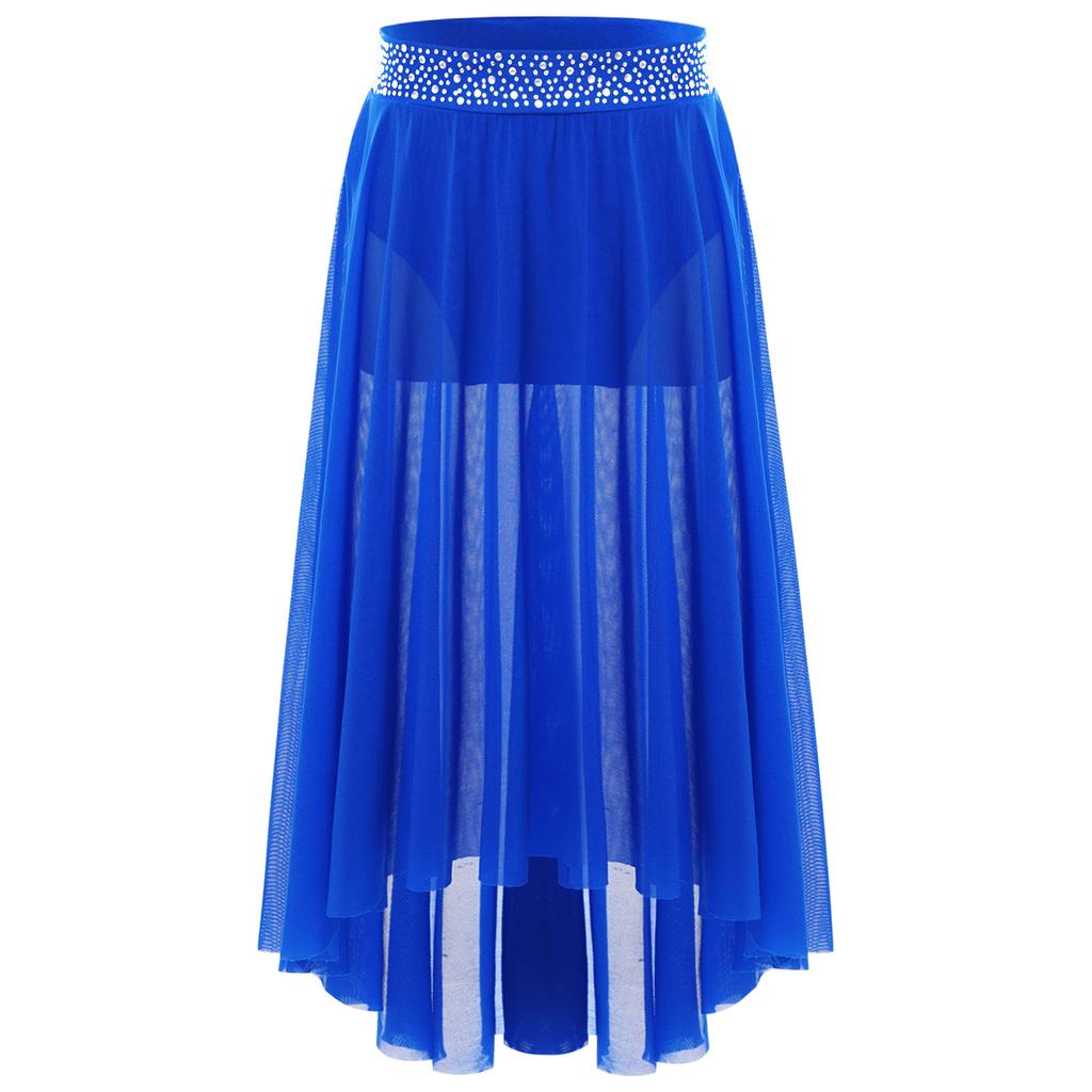 Girls Lyrical Dance Skirt Shiny Rhinestones Waistband Side Slit High Low Irregular Mesh Skirt