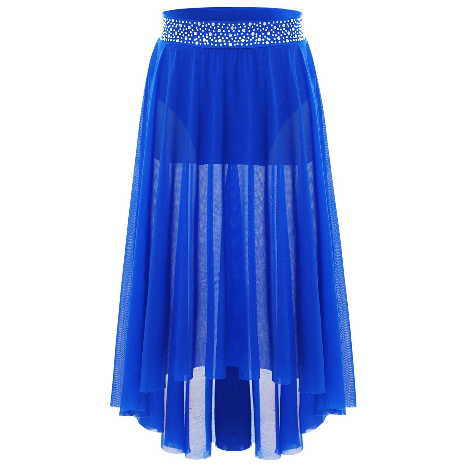 

Спідниця для ліричного танцю для дівчаток, блискучі стрази на поясі, бічний розріз, висока-низька, нерегулярна сітчаста спідниця 11-12 Years синій
