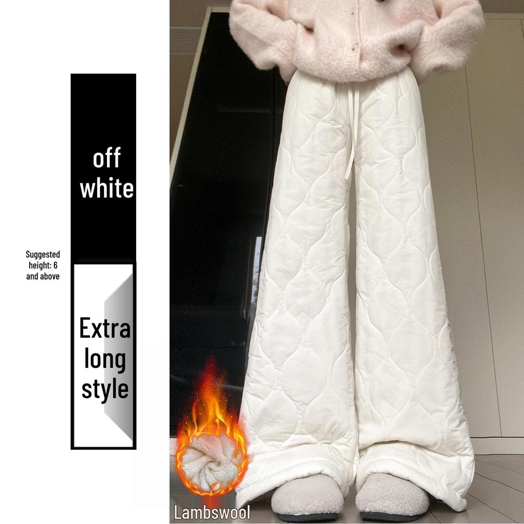Women's Black Thick Lambswool Cotton Patchwork Wide-Leg Pants - Autumn/Winter Warm Velvet Plush, Straight-Leg Style