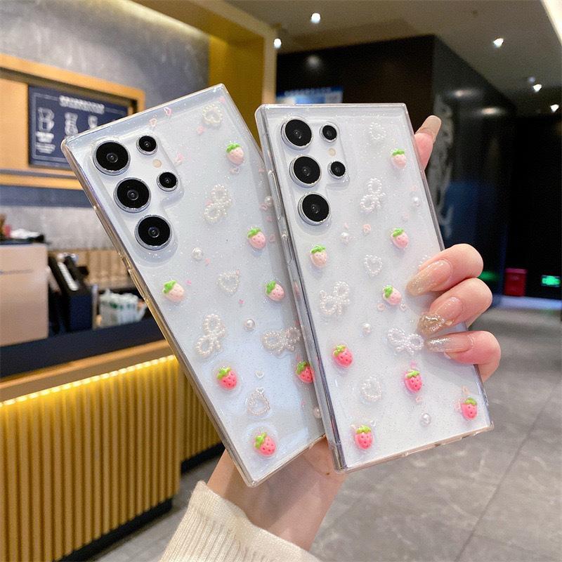 Glue Strawberry Bow for Samsung S25ultra Phone Case for S24FE Love A16 Transparent A56 Simple