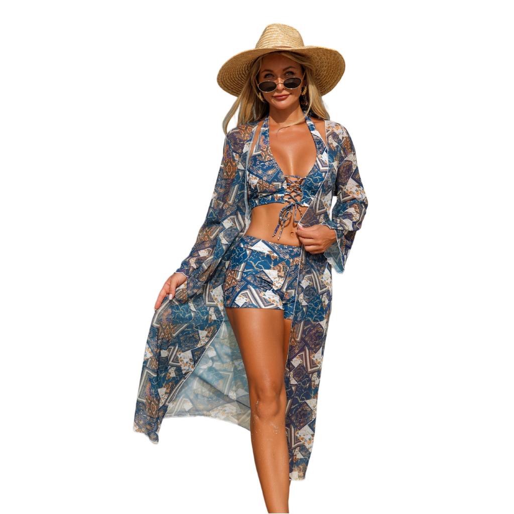 Fashionable Women's Sexy Multi-Color Printed Mesh Cover-Up Three-Piece Bikini Set