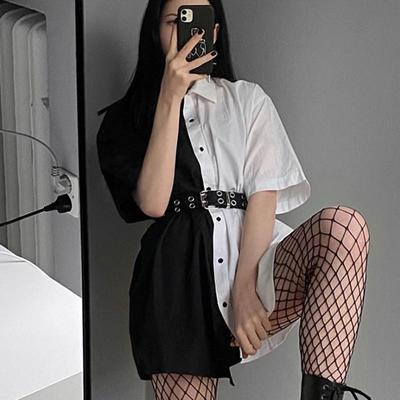 Patchwork Women Mini Dress Button Loose Solid Streetwear Gothic Short Sleeve Dresses Modis Women Party Outfits