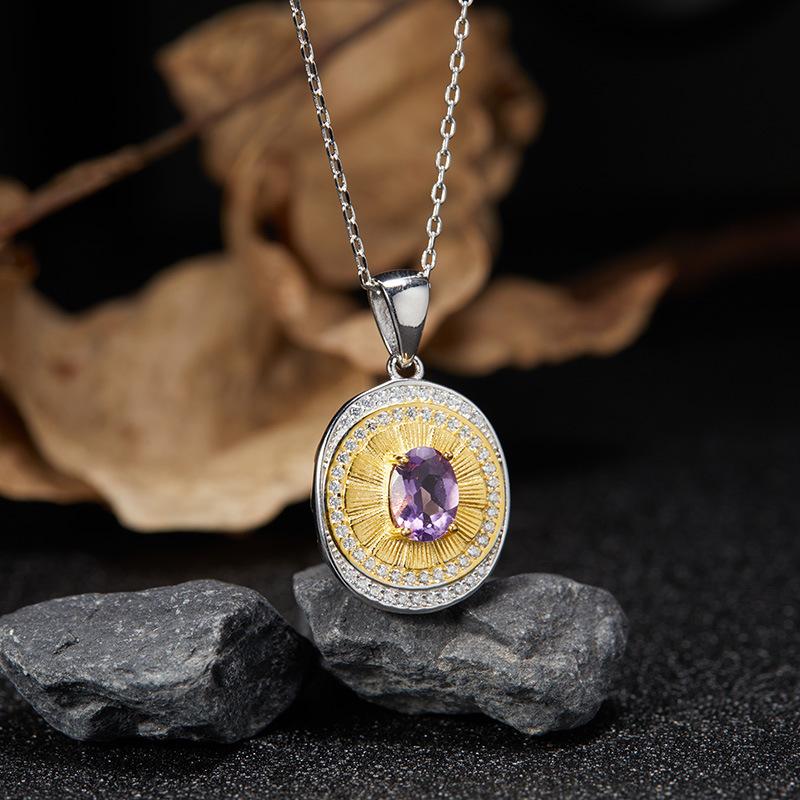Whole Body S925 Sterling Silver Natural Colored Treasure Necklace, High-End Light Luxury Oval Pendant, Female Classic Retro Round Brand