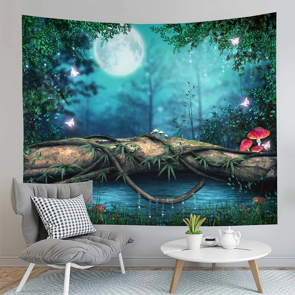 Fairy Tale Forest Tapestry Full Moon Night  Red Mushroom  Living Room Bedroom Dormitory
