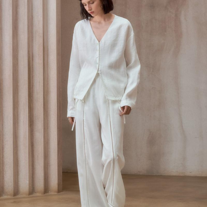 Women Linen Blend Wide Leg Pants, Lace Hollow Out, Loose Fit, Adjustable Drawstring Waist, Summer Casual Trousers
