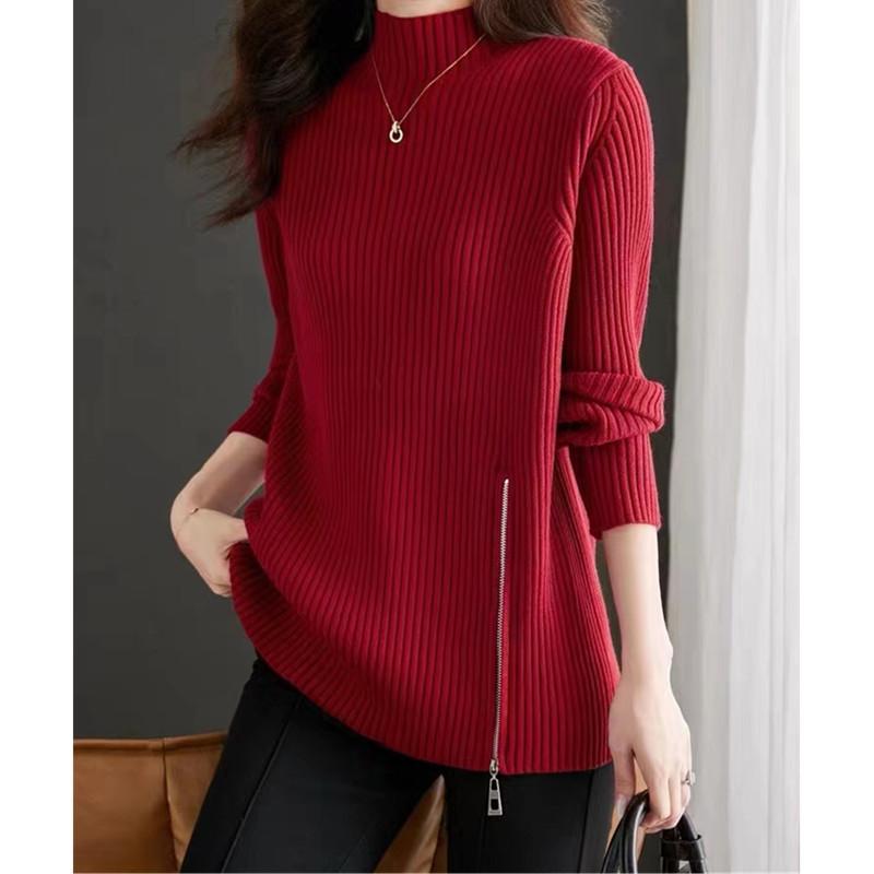 Design zipper semi-turtleneck solid color knitted sweater top women's autumn and winter new pullover sweater with bottoming shirt