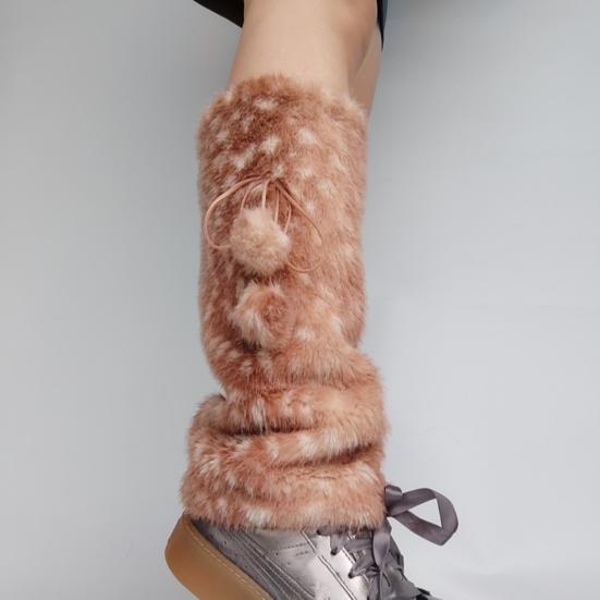 Deer Print Leg Warmers Women Faux Fur Fuzzy Calf Warmers with Pompoms Fluffy Boot Cuffs Cover for Sneakers Girls Winter Street Wear