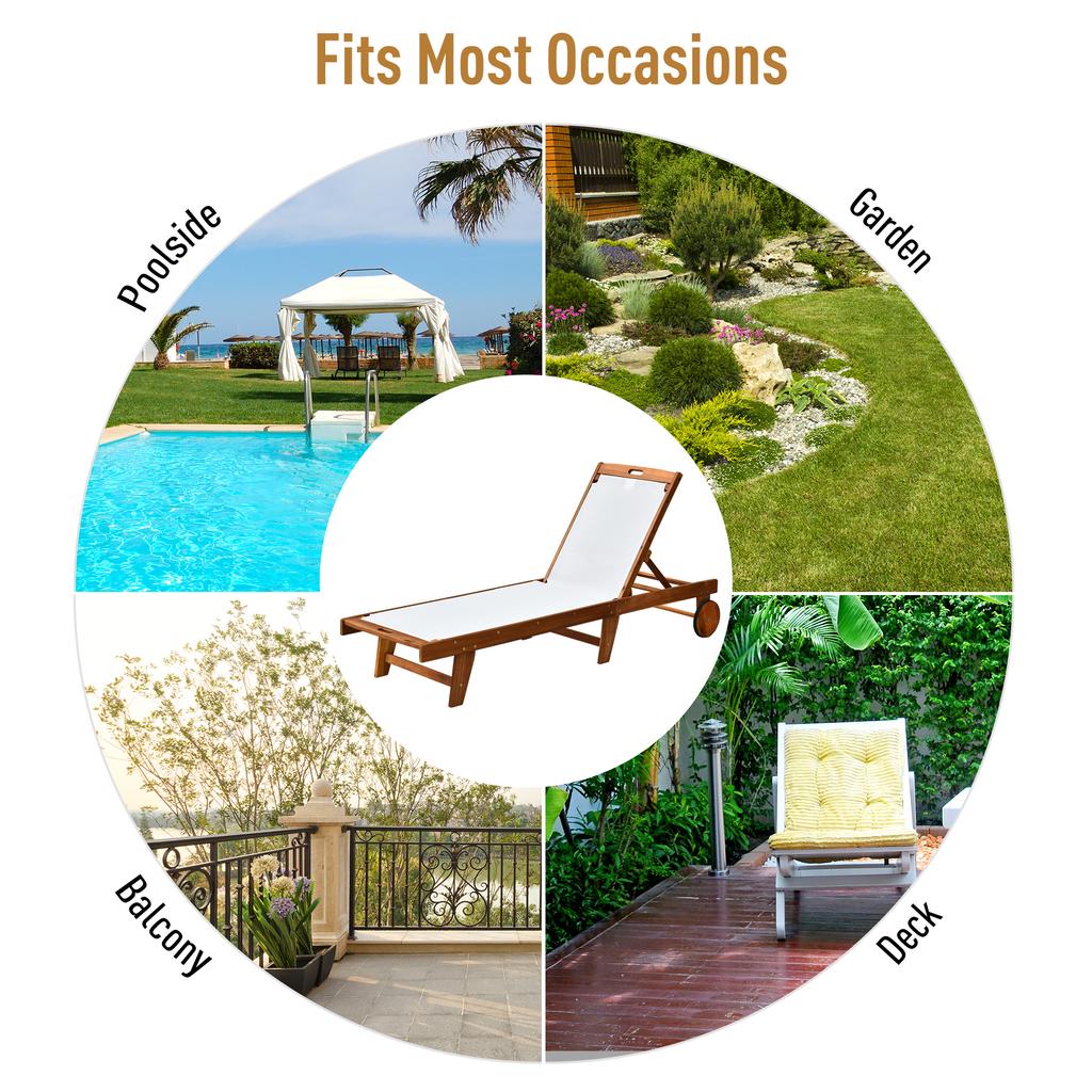 Outdoor Acacia Wood Texteline Beach Sun Lounger Garden Patio Sunbed Recliner Chaise Adjustable Backrest With Wheels