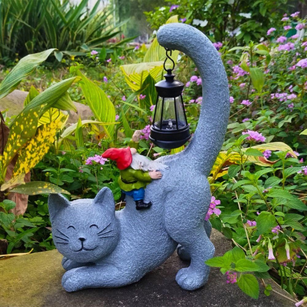 Resin Animal Statue Light Cute Garden Figurines Sculptures Lamp Cat Elf Solar Ornament  Outdoor