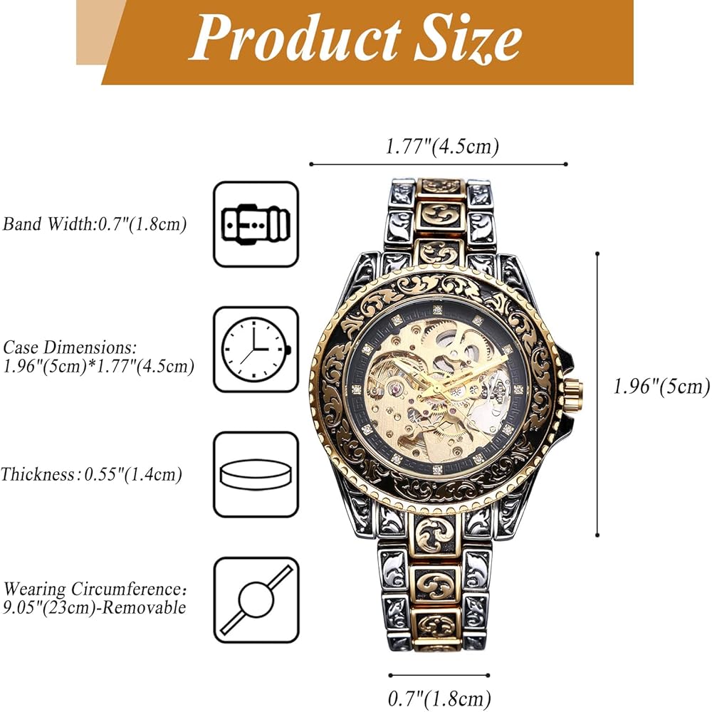 Steampunk Men's Automatic Watch Gold Stainless Steel Vintage Classic Fashion Gift