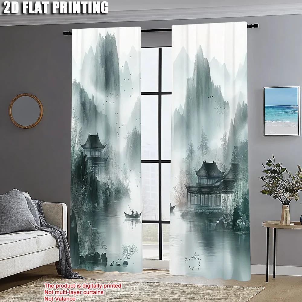 2pcs   Pattern Curtains  print Chinese Ink Landscape 100% Polyester (without rod) Home Decor Use for Living Room   Semi-Sheer