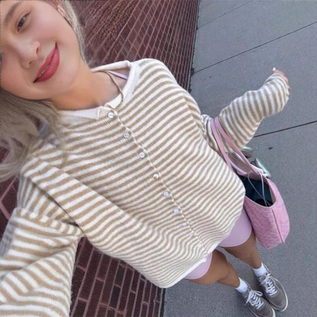 New European and American women's fashionable street loose striped knit cardigan long-sleeve sweater for women, red coat