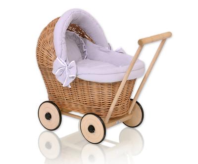 Wicker Doll Stroller with Gray Bedding and Soft Lining - Natural