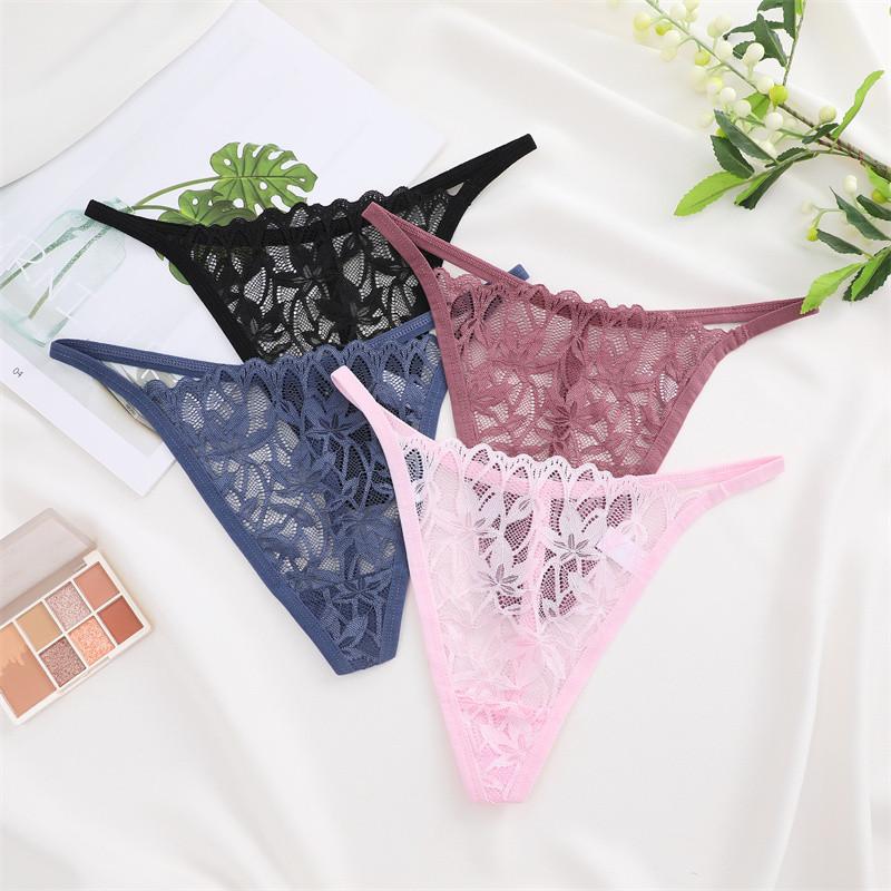 FINETOO Lace Thong For Women Sexy T-back Panty Solid Color Lingerie Floral Underwear