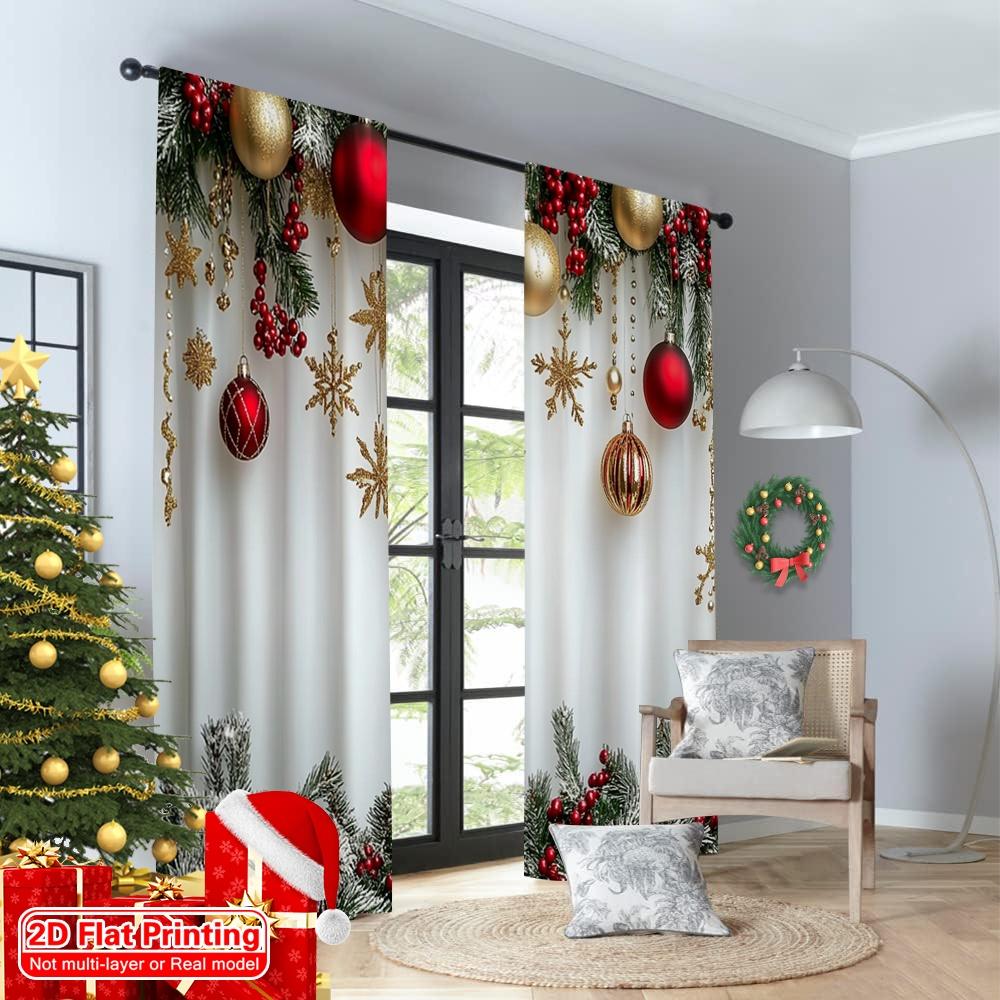 Flat Printing Merry Christmas Curtains Polyester Without Electricity Family Party Perfect Holiday Set Of 2 Made