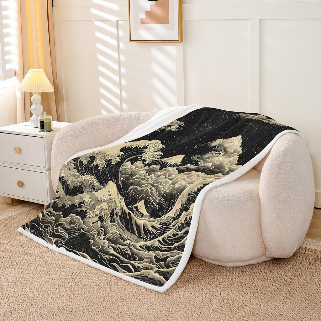 GUOYU Blanket Japanese Style Fleece Blanket Mount Fuji Warm Plush Sherpa Blanket Ocean Great Waves Art Fuzzy Plush Throw Black Golden Glitter