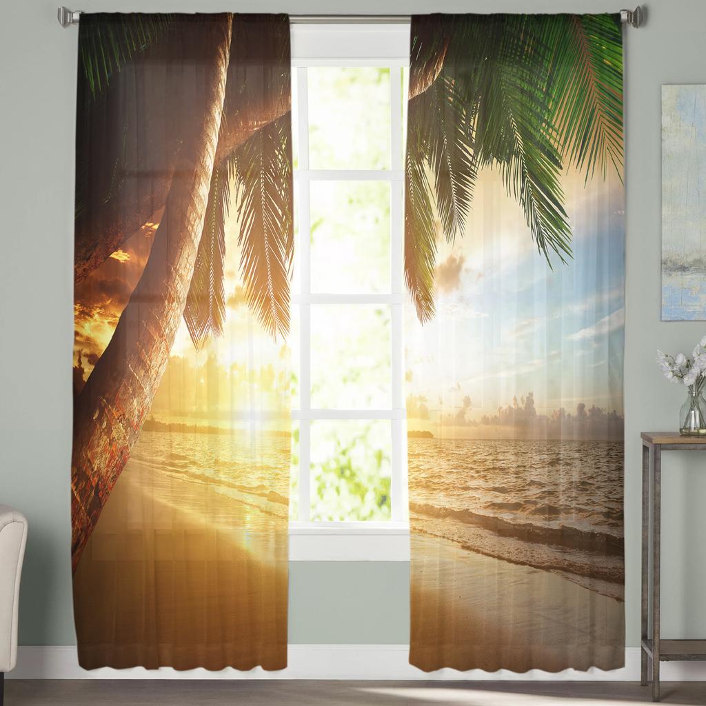 Dusk Beach Coconut Trees Chiffon Sheer Curtains for Living Room Bedroom Home Decoration Window Voile Tulle Curtain Drapes