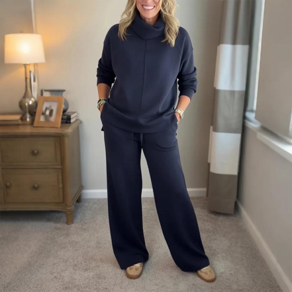 Women's Fashion Solid Color High Neck Long Sleeved Hem Slit Sweatshirt Top Casual Sweatpants Two-piece Set