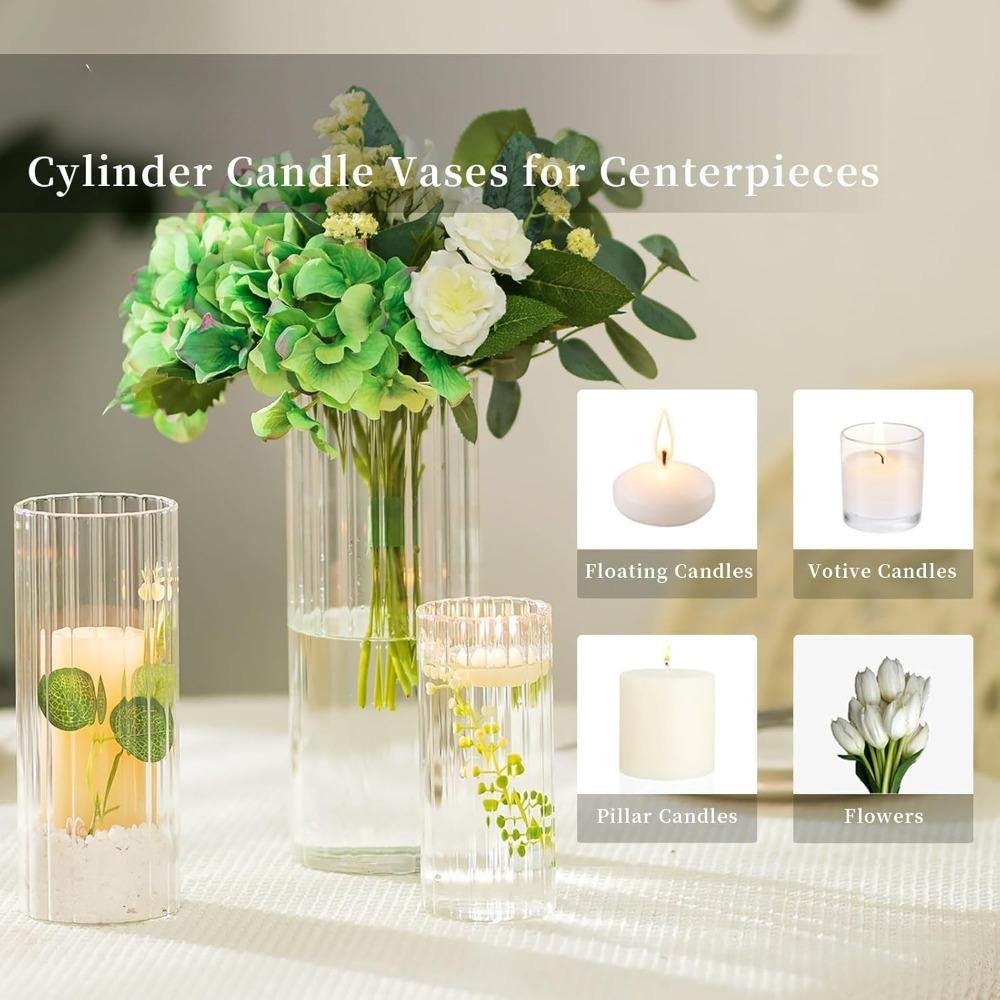 6pcs Ribbed Glass Candle Holder Cylinder Candle Holders for Pillar Candles Clear Hurricane Candle Holder Decorative Floating Candle Vases