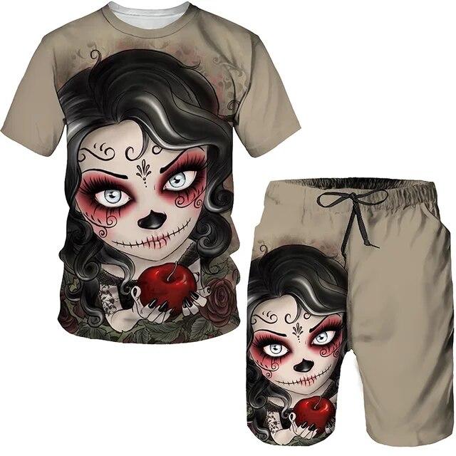 Summer 2 Piece Outfits Sets Tshirt and Shorts Tracksuit Men's Oversized Cloth Streetswear Vintage Skull Gothic 3D Print Men Sets