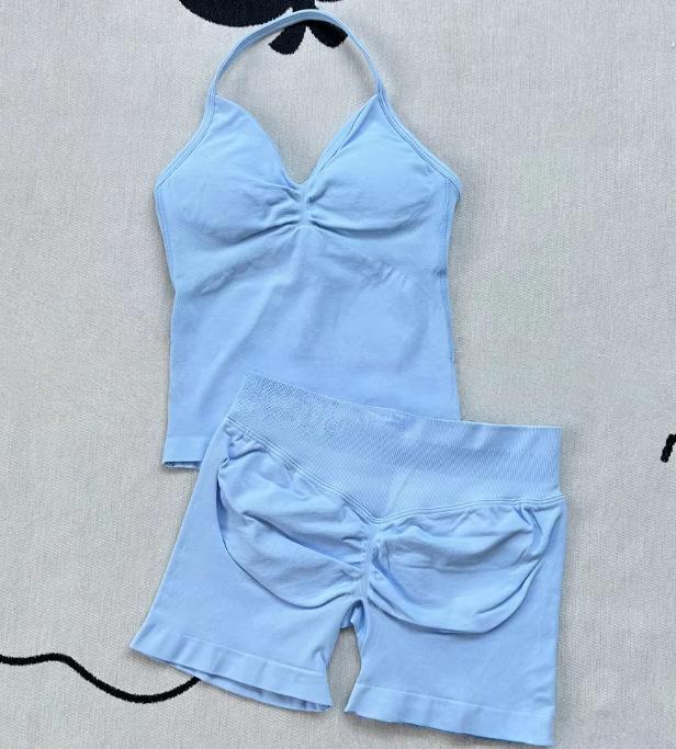 JYL Seamless Backless Two Piece Set Padded Halter Top Fitness Shorts