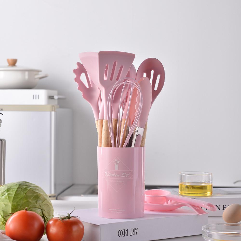 Silicone Kitchen Utensil Set With Wooden Handles For Cooking Nonstick Heatresistant For Home Use