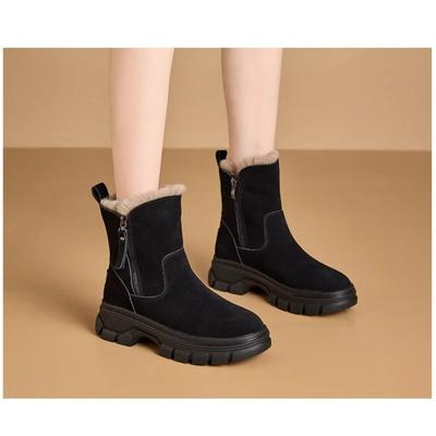 Mode Damen pelziger Rand 2024 Herbst und Winter neuer Artikel einfarbig seitlicher Reißverschluss dicke Sohle rutschfest warm Baumwollschuhe Schneestiefel